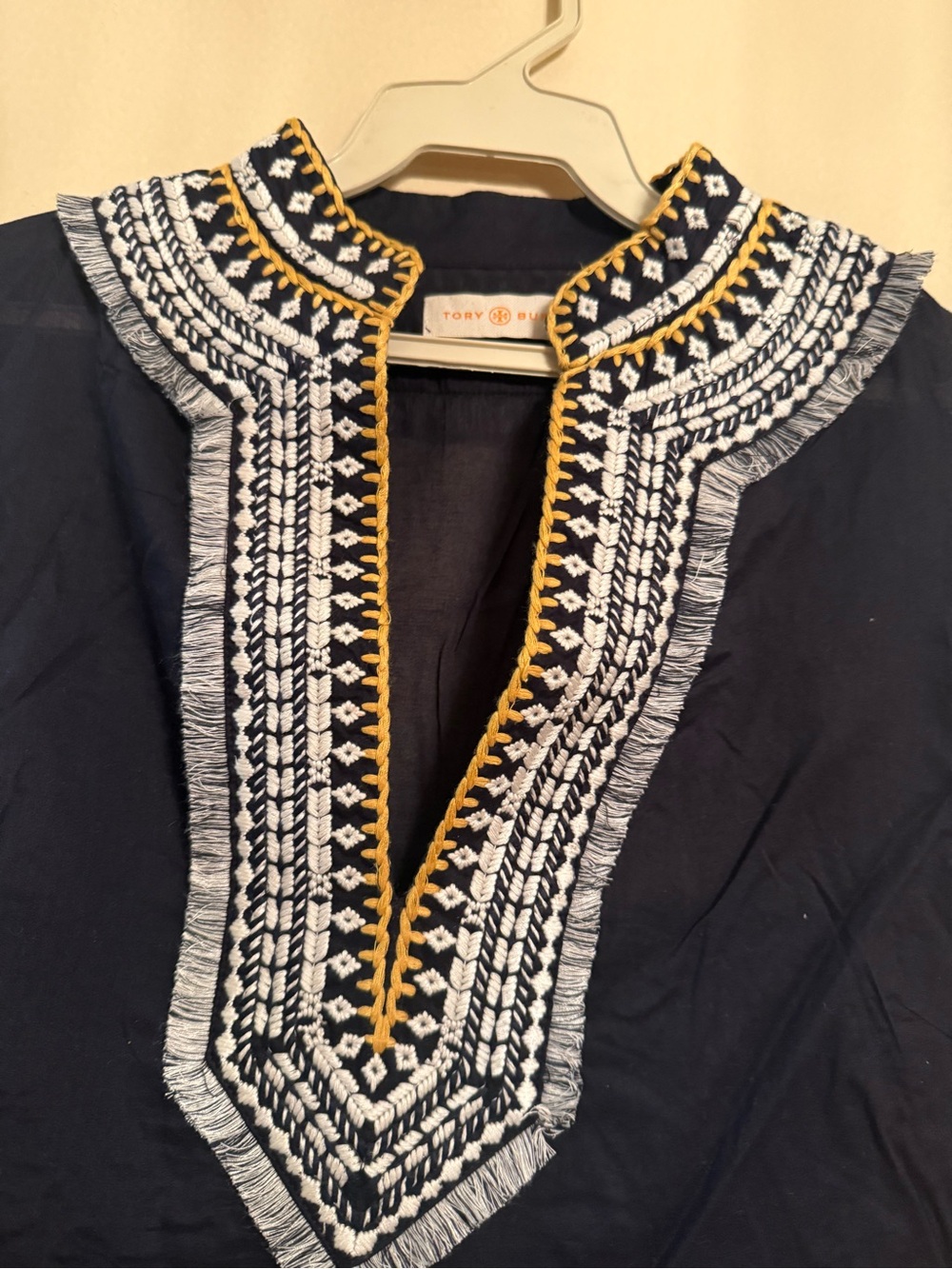 Tory Burch Navy Tunic Top with White Embroidery and Gold Trim